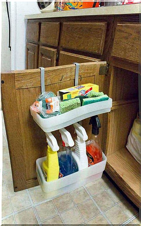 Grab some shelves on the bathroom cabinet doors