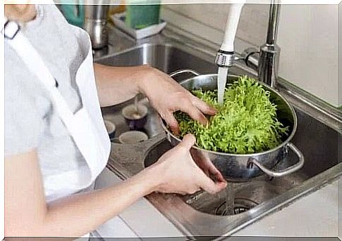 Woman washing a salad in the sink